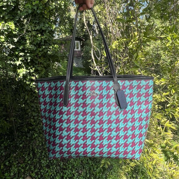 COACH City Tote Teal/Burgundy Houndstooth w Silver Hardware Shoulder Bag